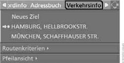 Zuerst werden die Verkehrsinformationen auf der geplanten Route angezeigt, die nach Entfernung zur aktuellen Fahrzeugposition sortiert sind.