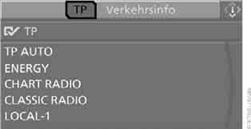 6. Verkehrsfunksender auswählen und Controller drücken. "TP AUTO": automatische Auswahl des empfangsstärksten Verkehrsfunksenders.