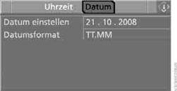 6. "Datum einstellen" auswählen und Controller drücken. Die erste Einstellung der Datumsanzeige ist ausgewählt, hier der Tag.