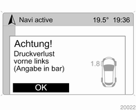 Bei erheblichem Reifendruckverlust erscheint eine entsprechende Anzeige mit Angabe