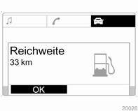 Bei niedrigem Kraftstoffstand erscheint die Meldung Reichweite im Display.