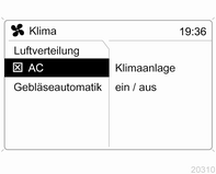 Im Menü Klima den Menüpunkt AC wählen und die Kühlung ein- oder ausschalten.