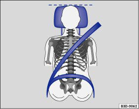 Abb. 16 Richtiger Gurtbandverlauf und richtige Kopfstützeneinstellung von vorne